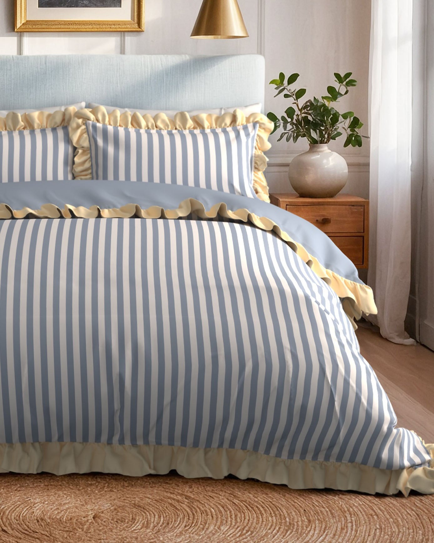 Cotton Stripe Reversible Frill Bedding Set - Blue & White