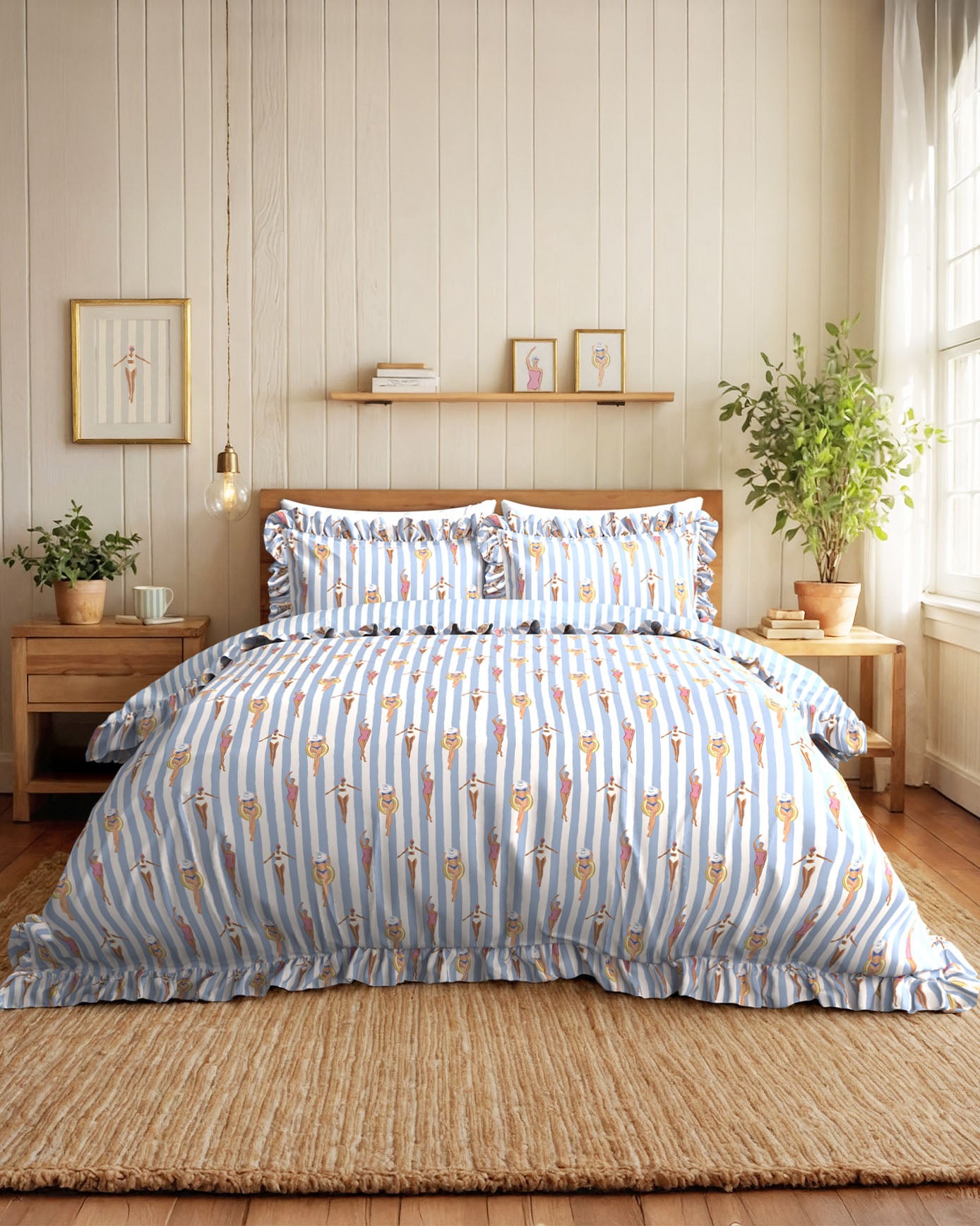 Cotton Swimming Society / Stripe Print Reversible Frill Bedding Set