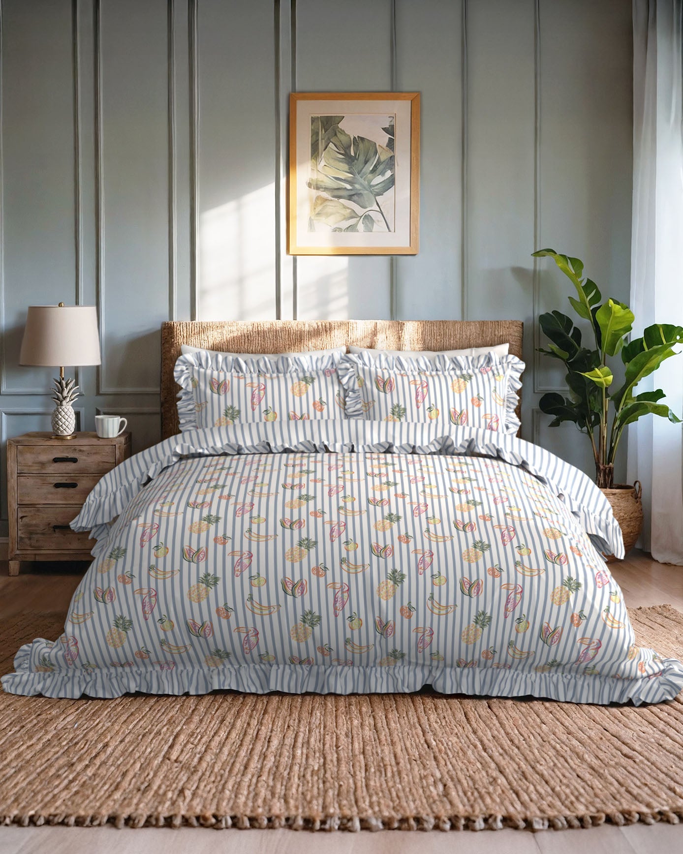 Cotton Fruit Fiesta Print Reversible Frill Bedding Set