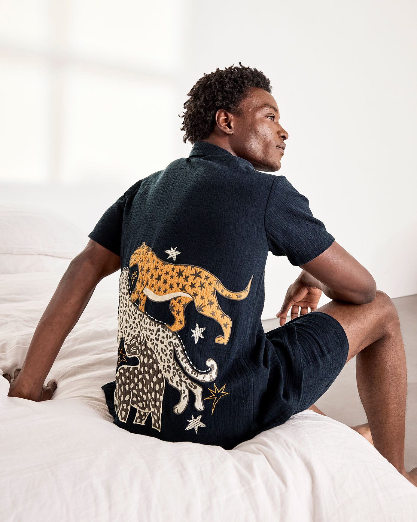 Organic Cotton Cheesecloth Embroidered Starry Leopard Short Pyjama Set