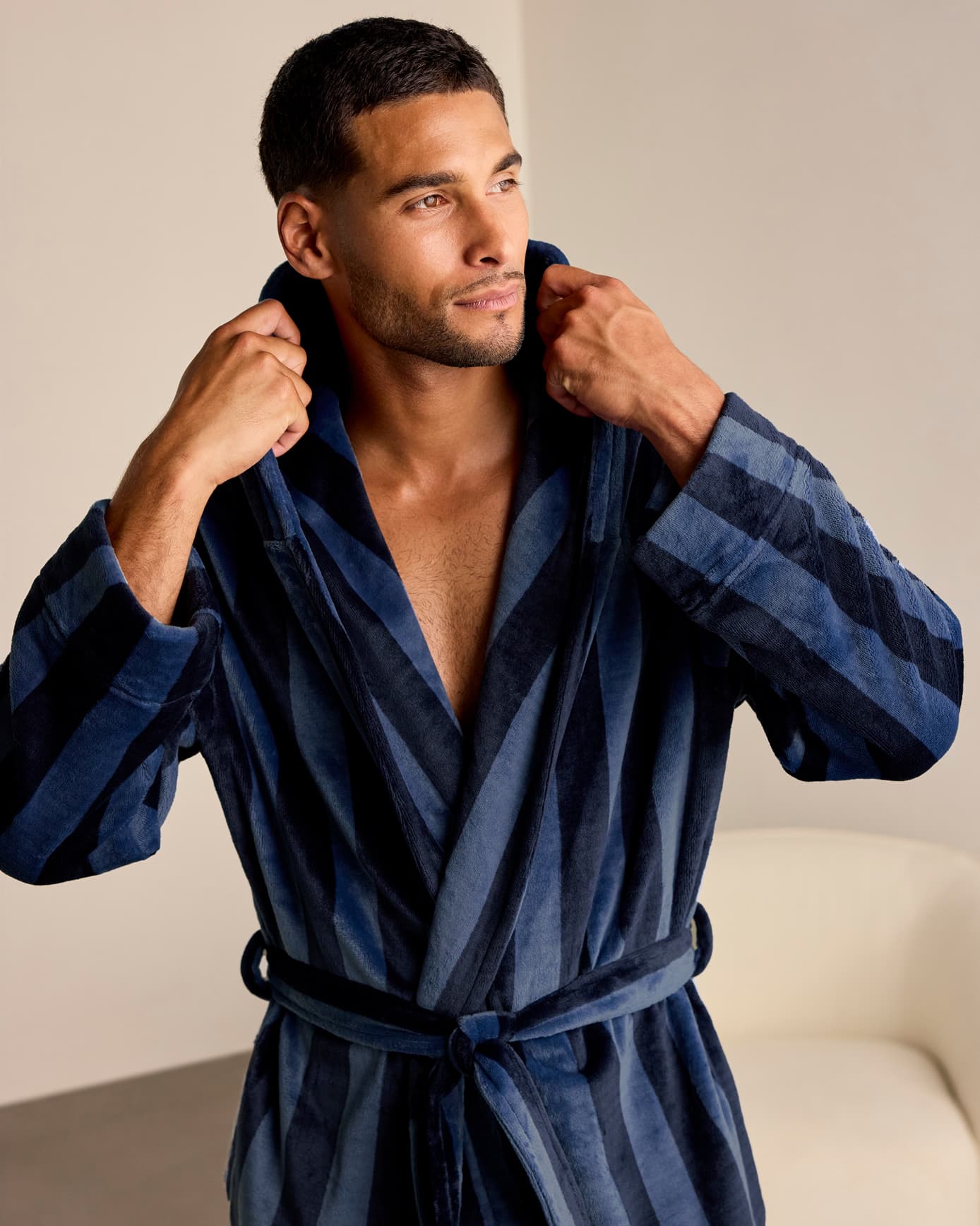 Fleece Stripe Dressing Gown - Blue