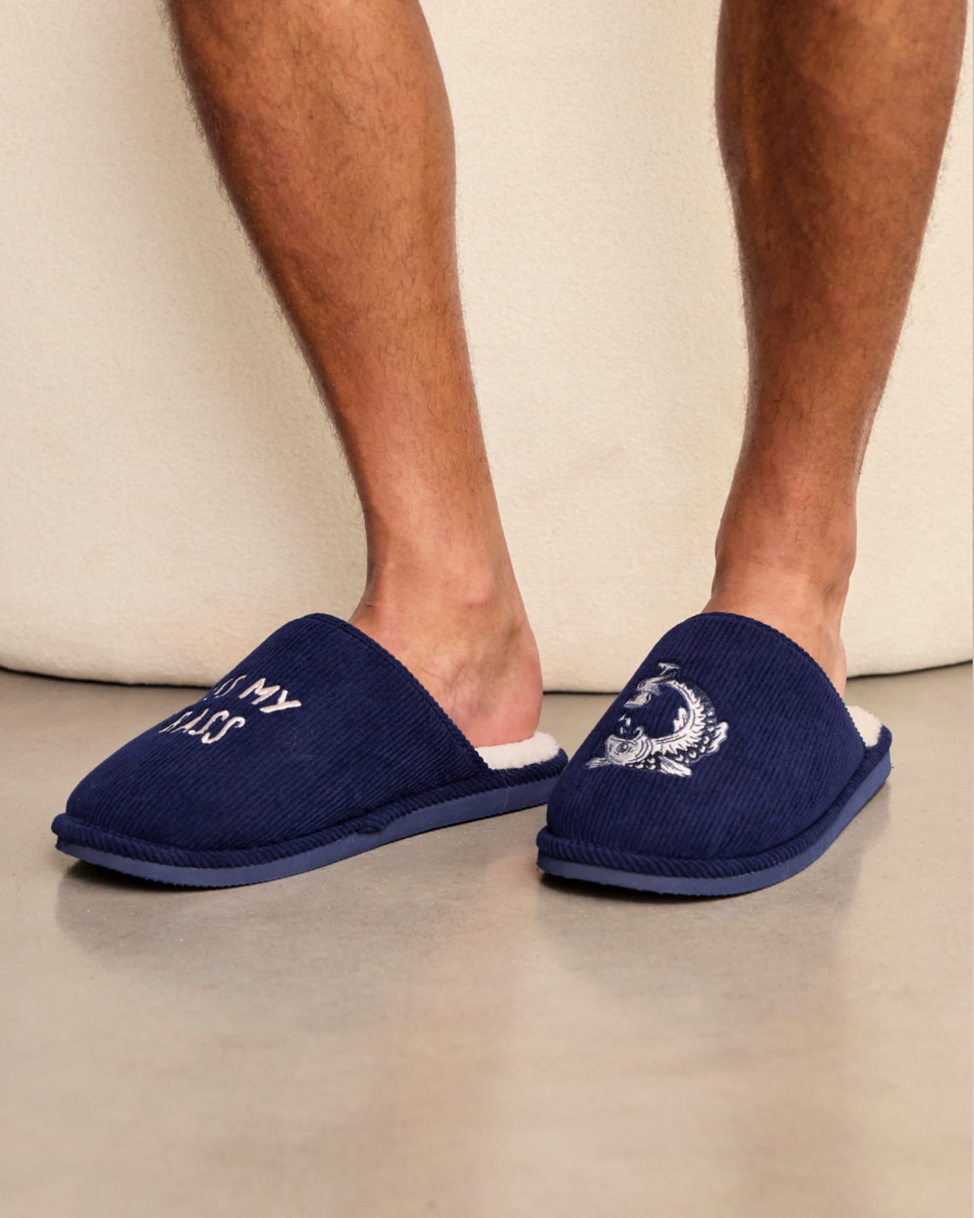 Mens Corduroy Embroidered Kiss My Bass Slippers