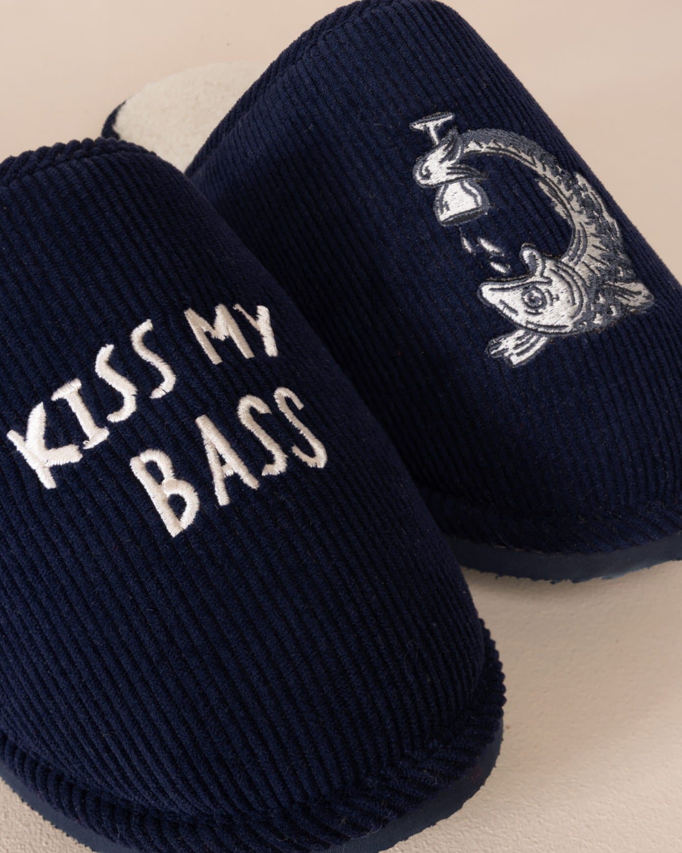 Mens Corduroy Embroidered Kiss My Bass Slippers