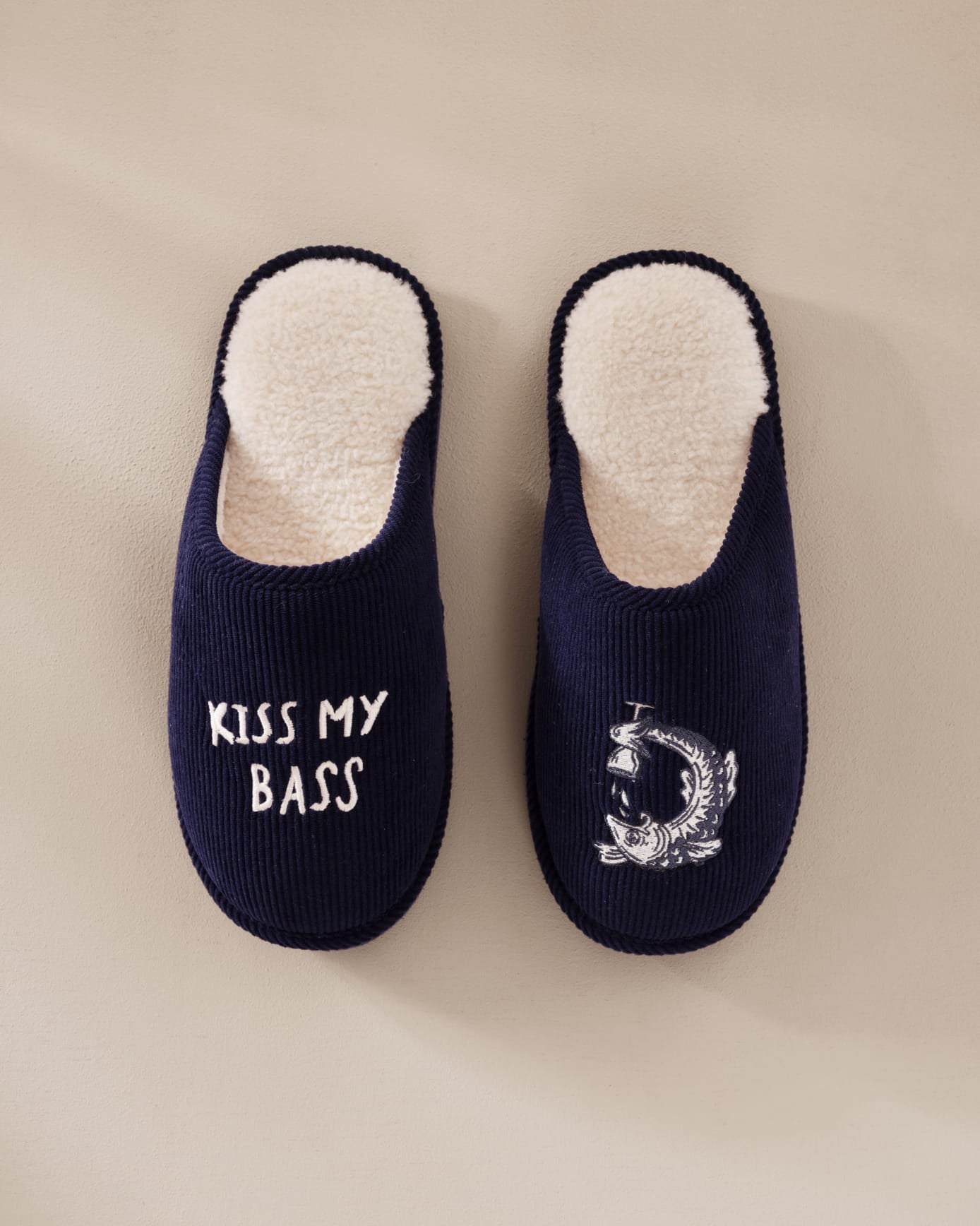 Mens Corduroy Embroidered Kiss My Bass Slippers