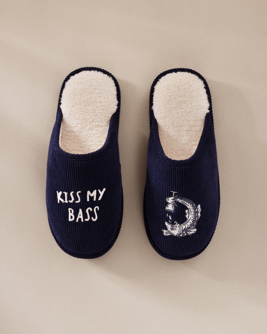 Mens Corduroy Embroidered Kiss My Bass Slippers