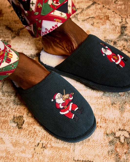 Mens Corduroy Embroidered Musical Santa Slippers