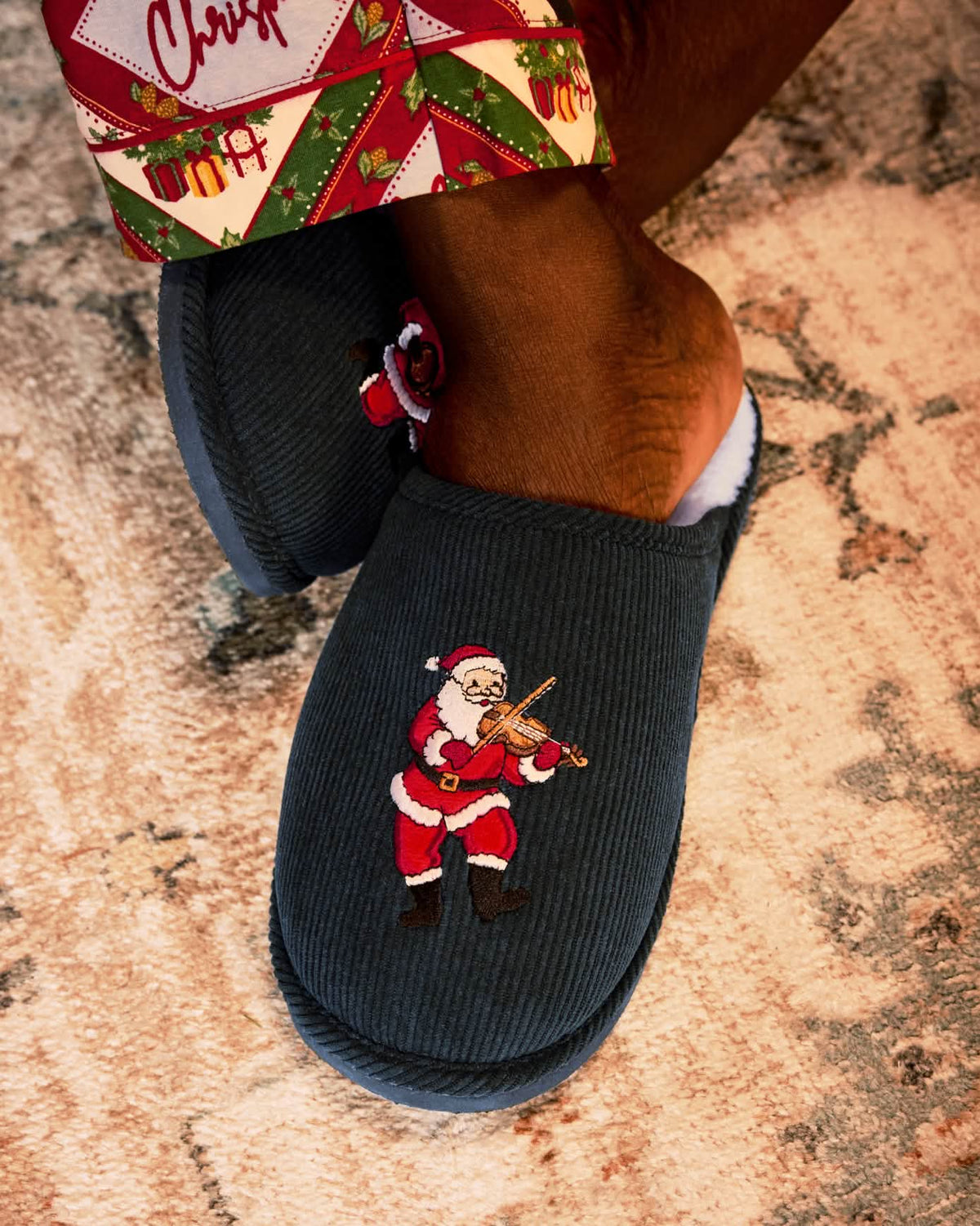 Mens Corduroy Embroidered Musical Santa Slippers
