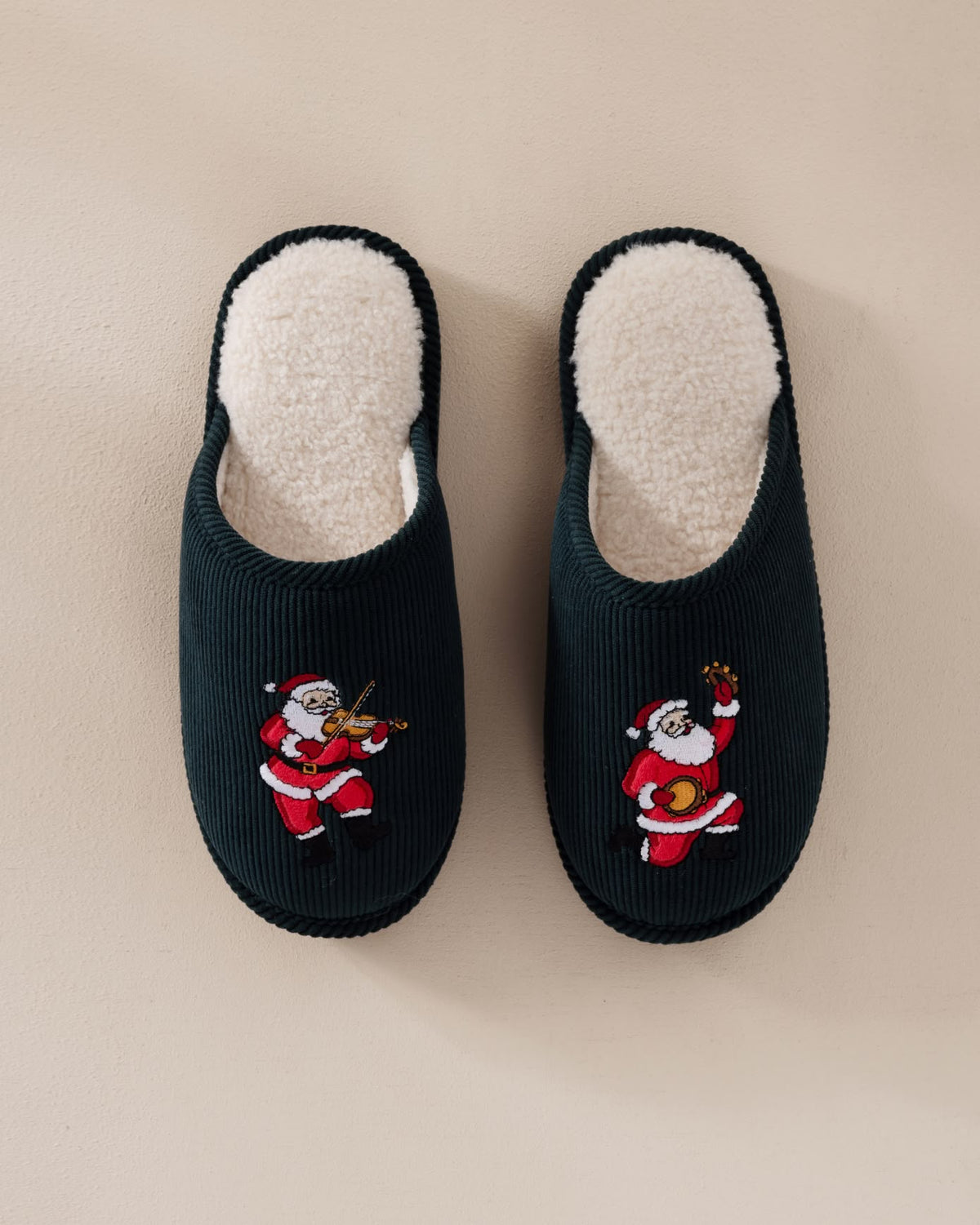 Mens Corduroy Embroidered Musical Santa Slippers