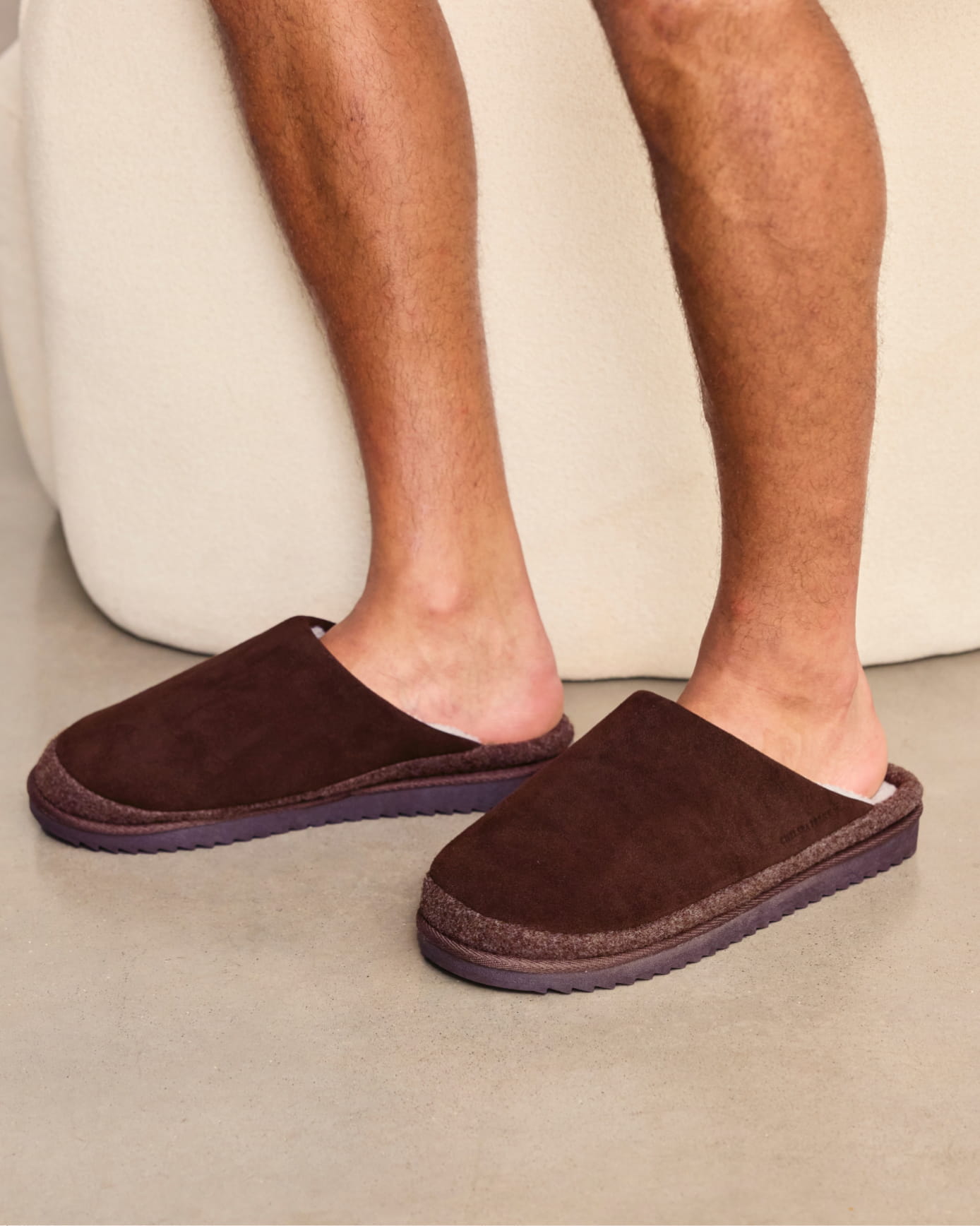 Mens Suede Cowhide Mule Slippers - Brown