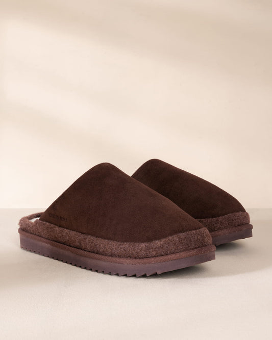 Mens Suede Cowhide Mule Slippers - Brown
