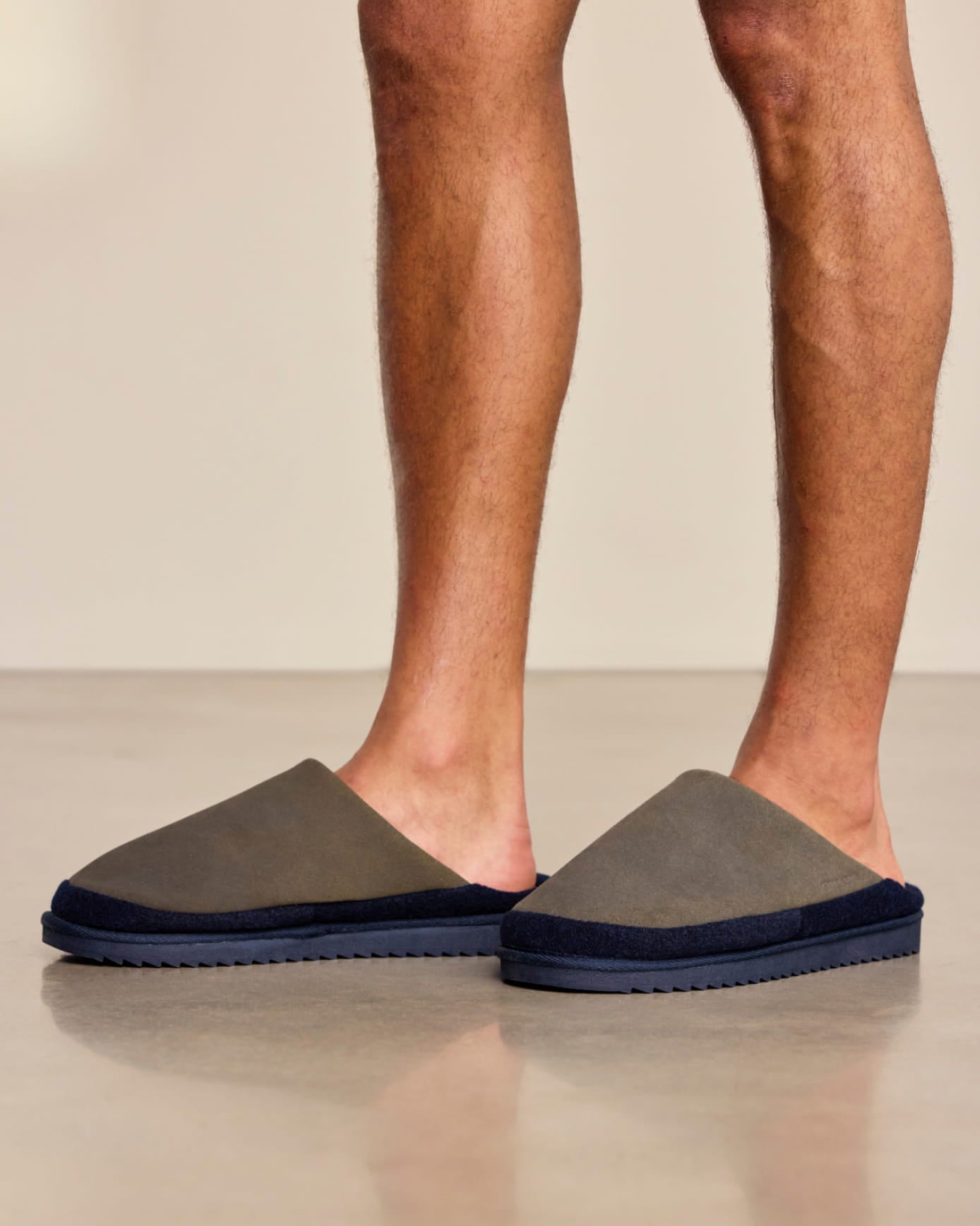 Mens Suede Cowhide Mule Slippers - Khaki