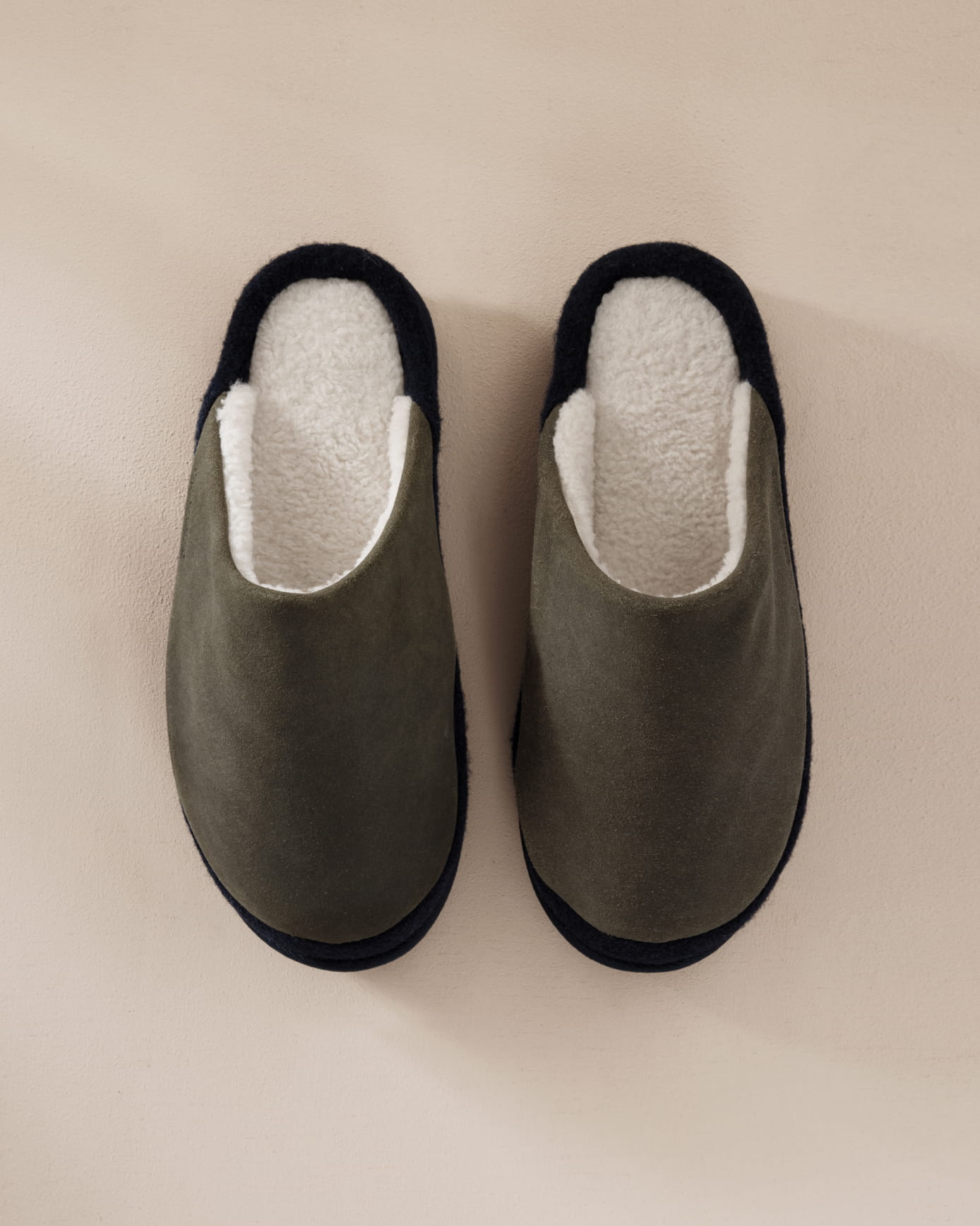 Mens Suede Cowhide Mule Slippers - Khaki
