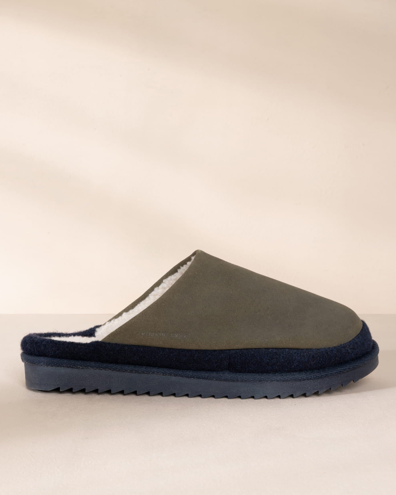 Mens Suede Cowhide Mule Slippers - Khaki