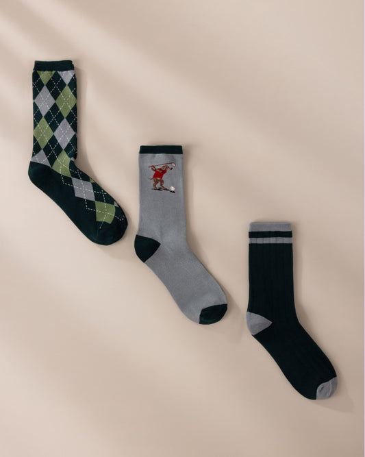 Mens Organic Cotton Embroidered Argyle Golf Dogs Socks 3 Pack