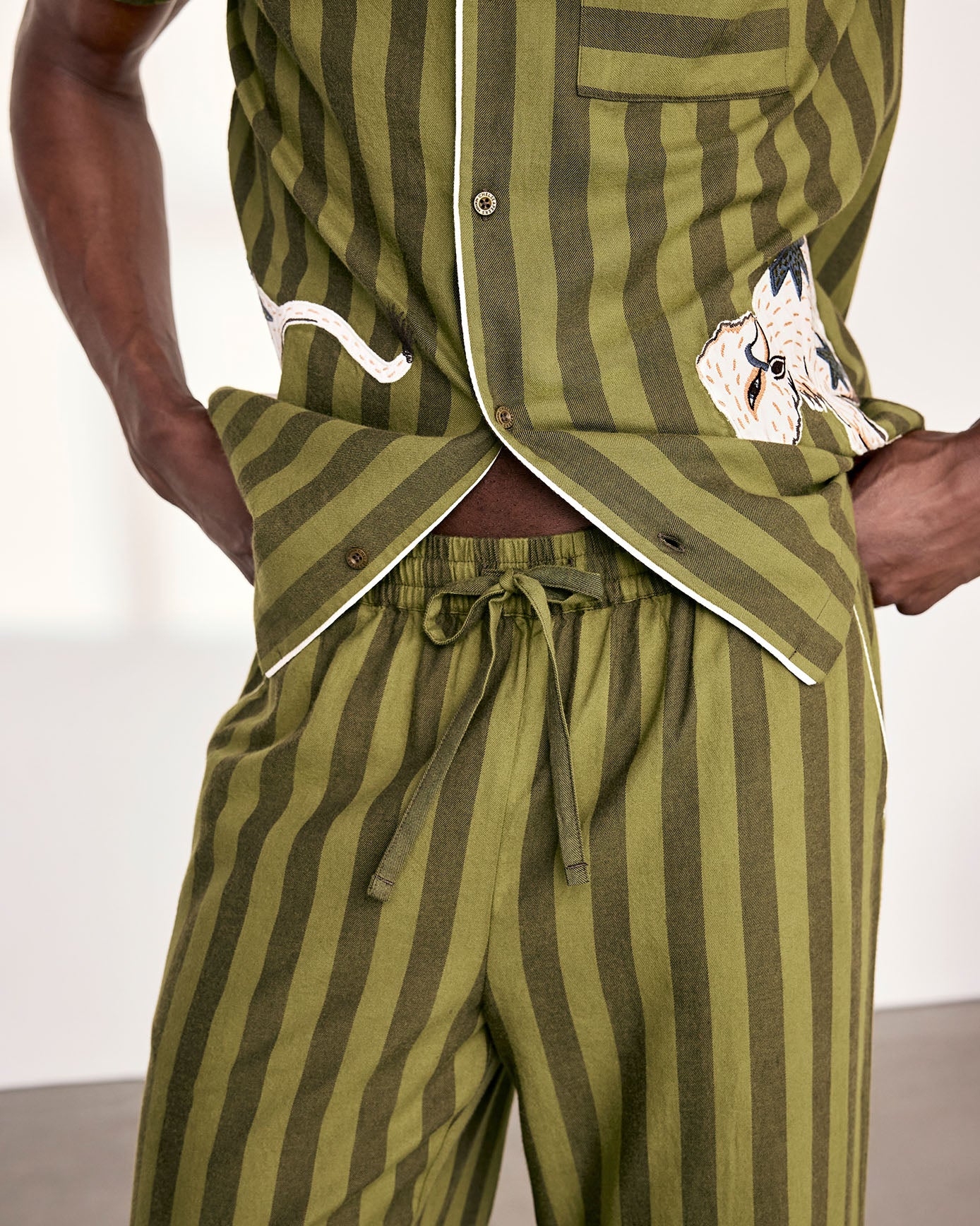 Organic Cotton Embroidered Bison Stripe Long Pyjama Set