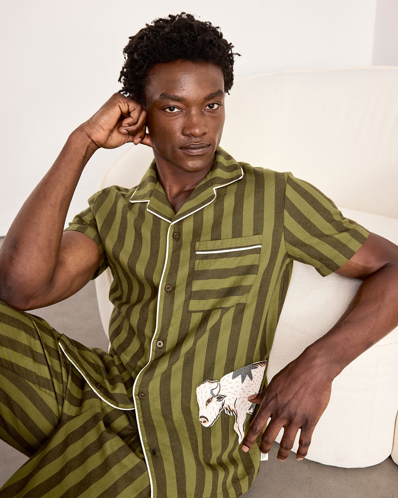 Organic Cotton Embroidered Bison Stripe Long Pyjama Set