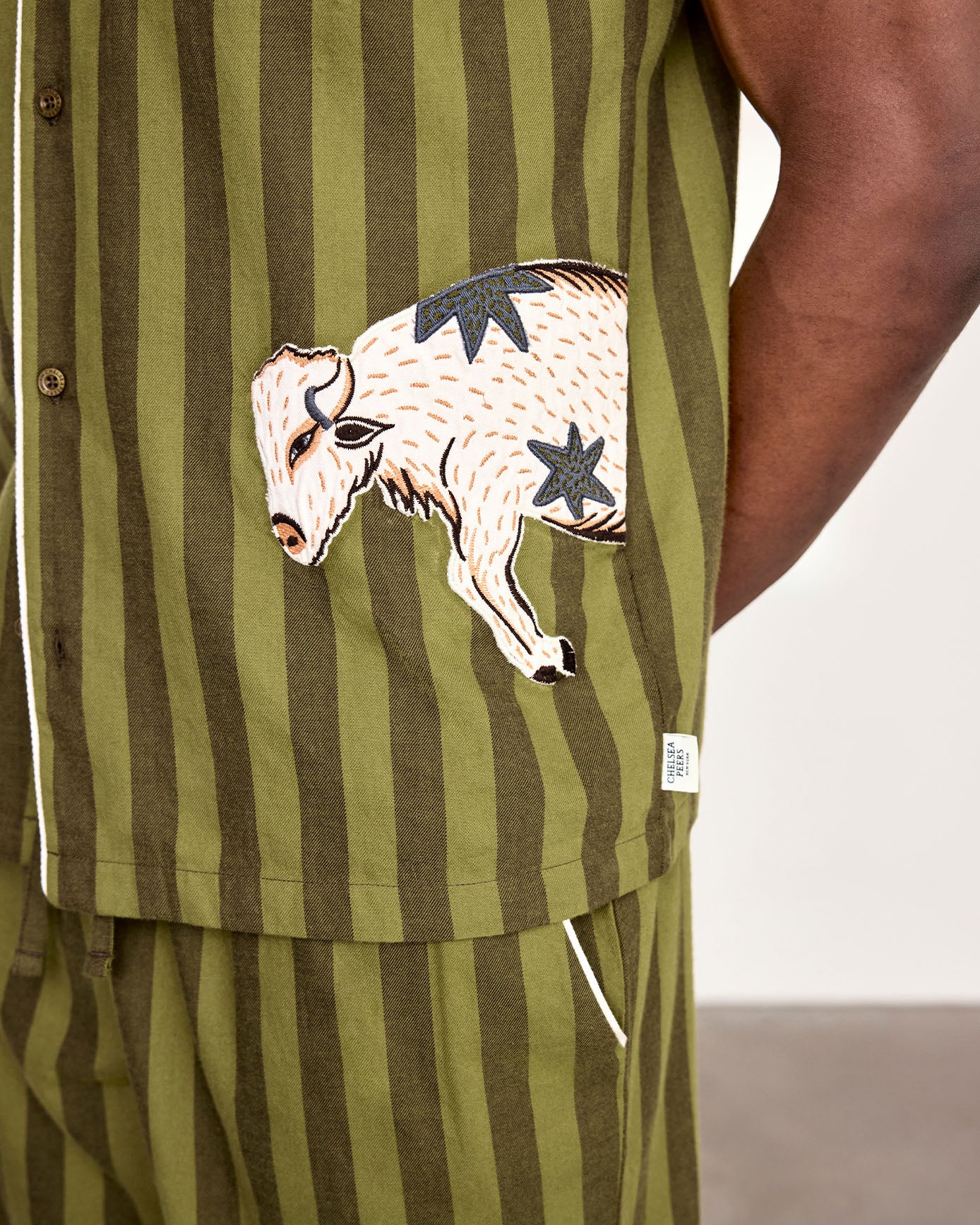 Organic Cotton Embroidered Bison Stripe Long Pyjama Set