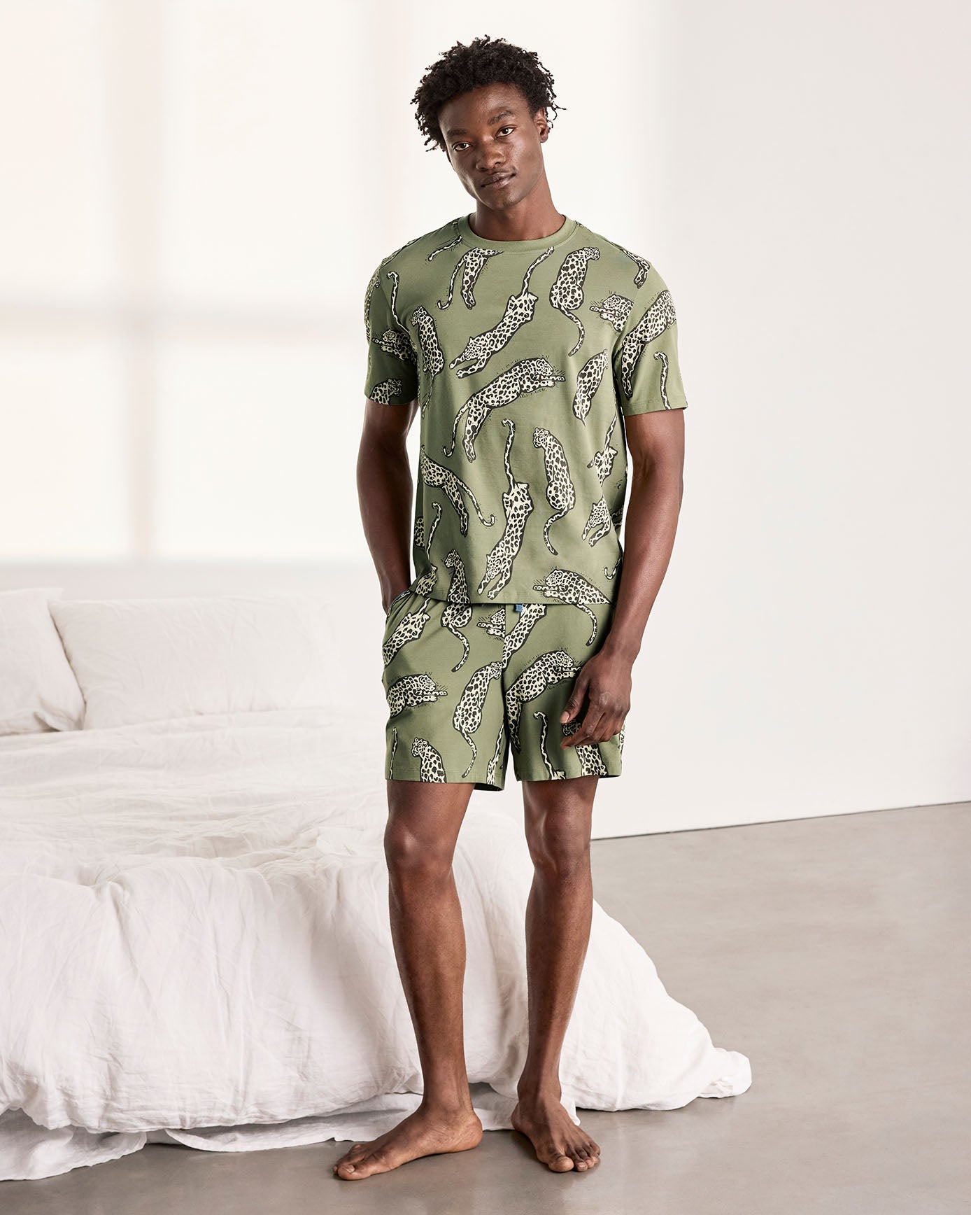 Organic Cotton Lino Cut Leopard Print Short Pyjama Set - Khaki