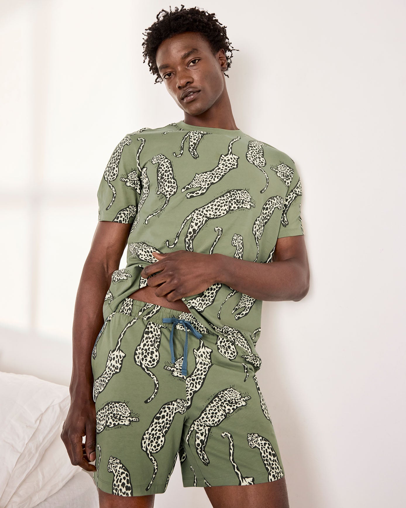 Organic Cotton Lino Cut Leopard Print Short Pyjama Set - Khaki