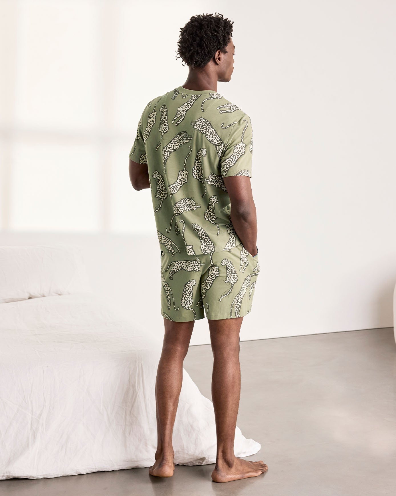 Organic Cotton Lino Cut Leopard Print Short Pyjama Set - Khaki
