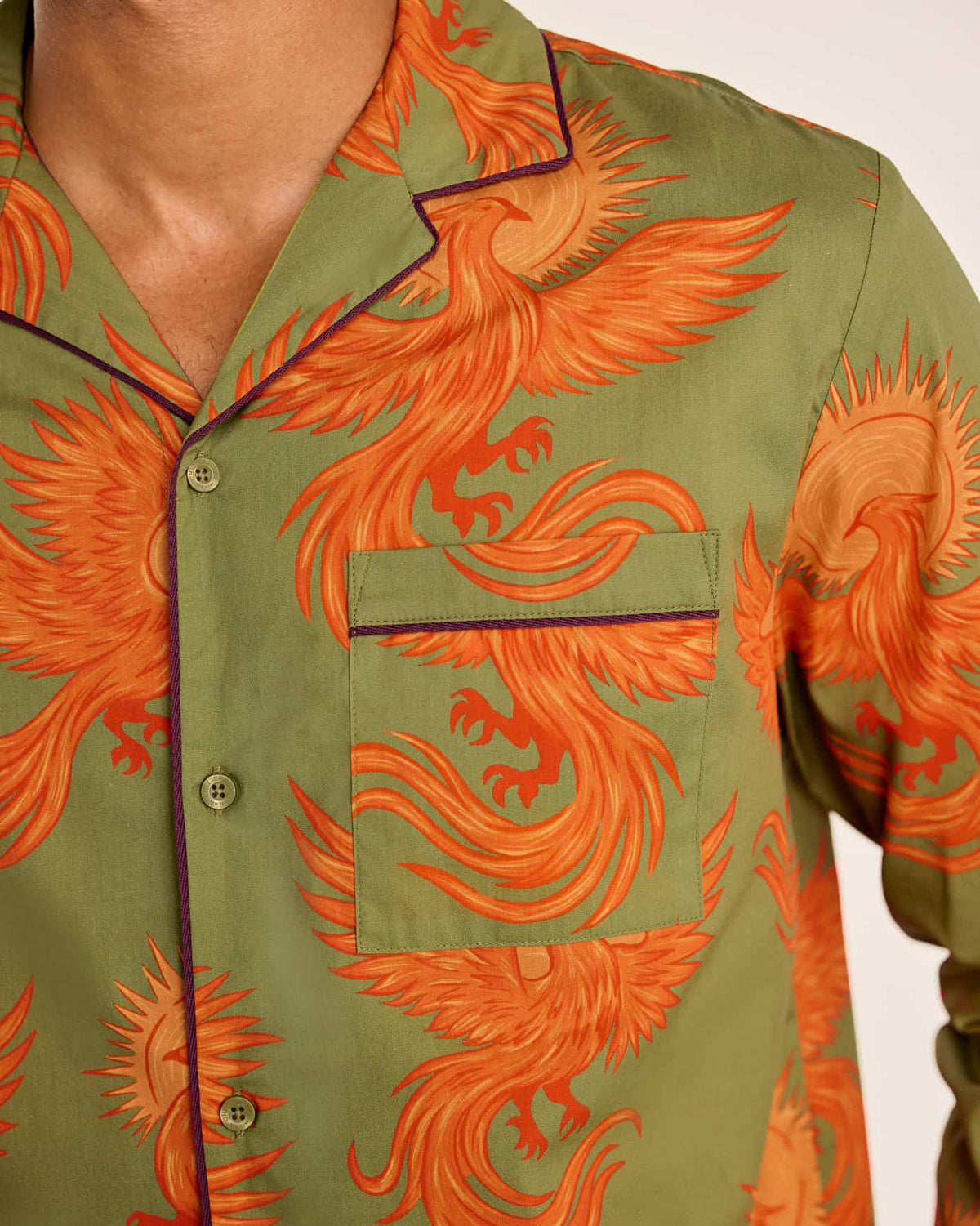 Organic Cotton Solar Phoenix Print Long Pyjama Set - Khaki