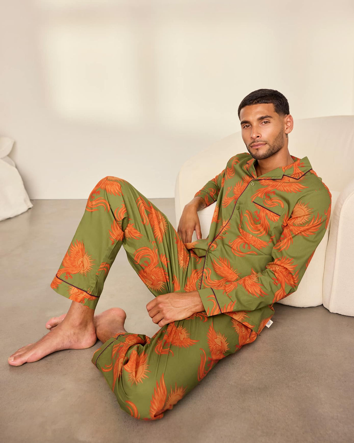 Organic Cotton Solar Phoenix Print Long Pyjama Set - Khaki