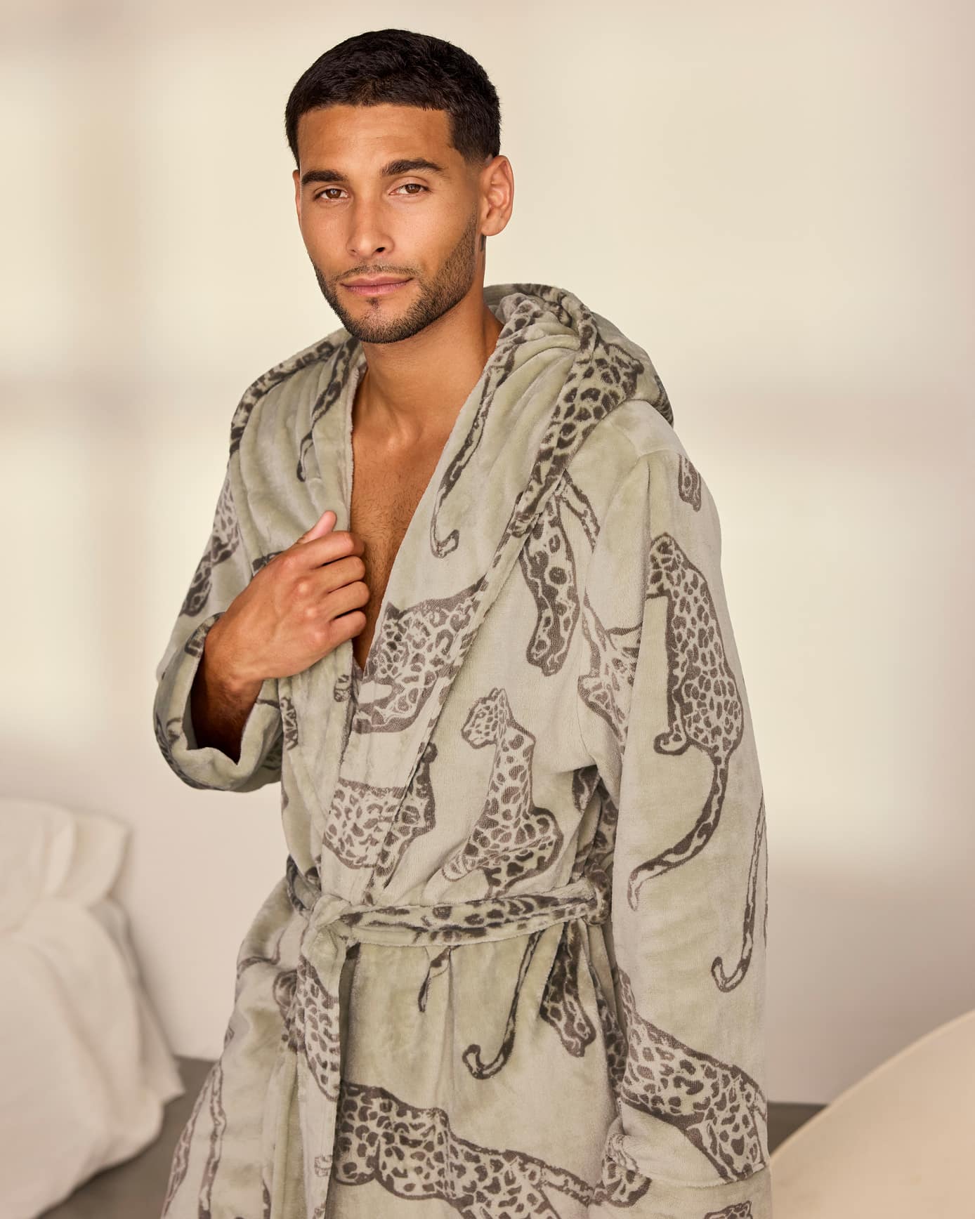 Fleece Lino Cut Leopard Print Hooded Dressing Gown - Khaki