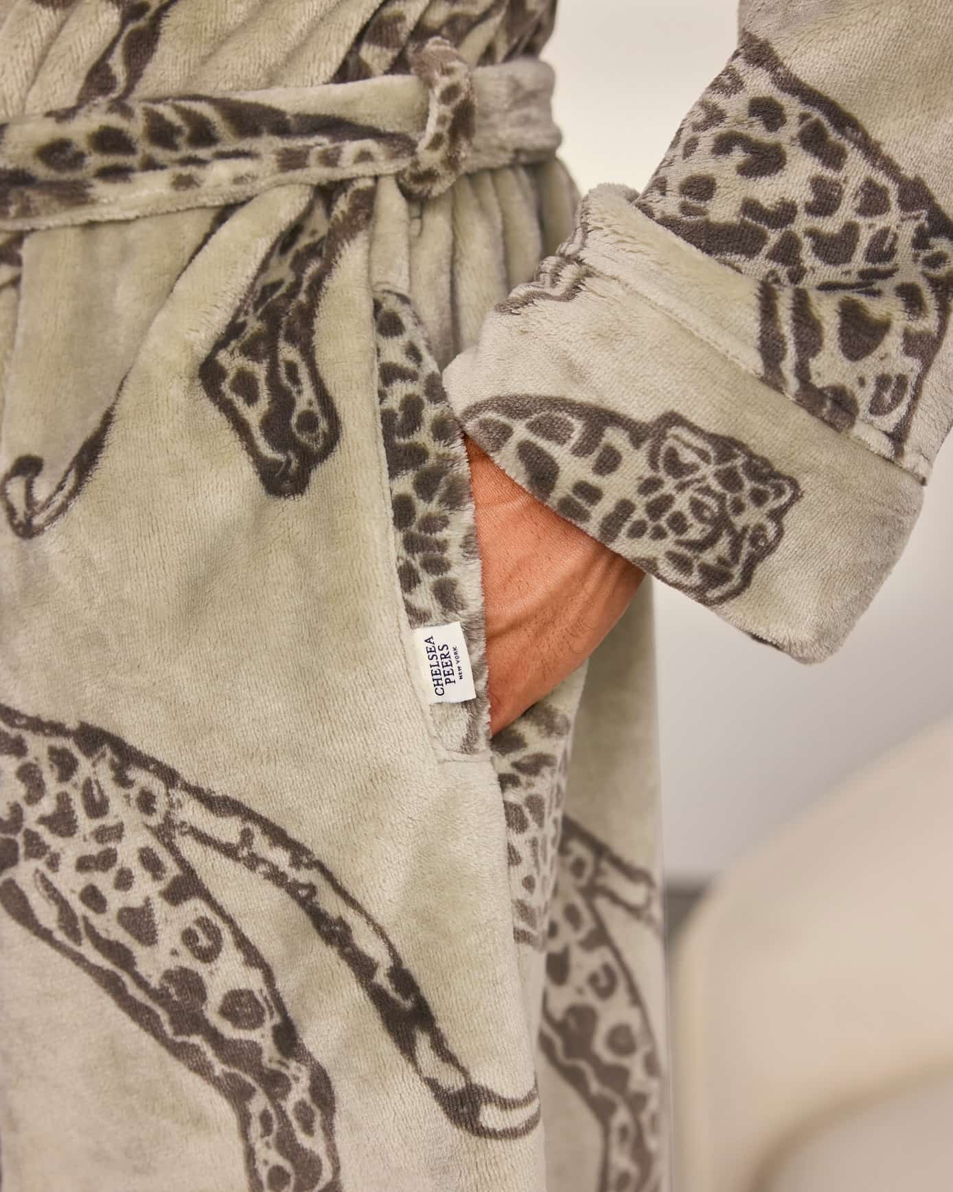 Fleece Lino Cut Leopard Print Hooded Dressing Gown - Khaki