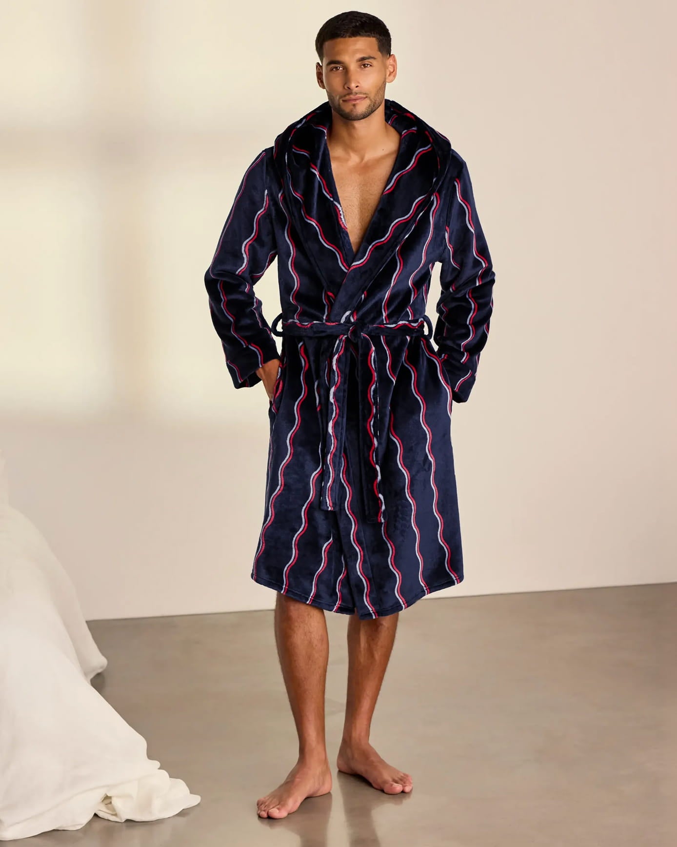 Fleece Ripple Stripe Hooded Dressing Gown