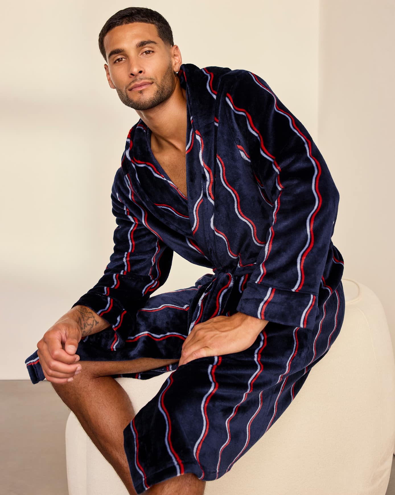 Fleece Ripple Stripe Hooded Dressing Gown