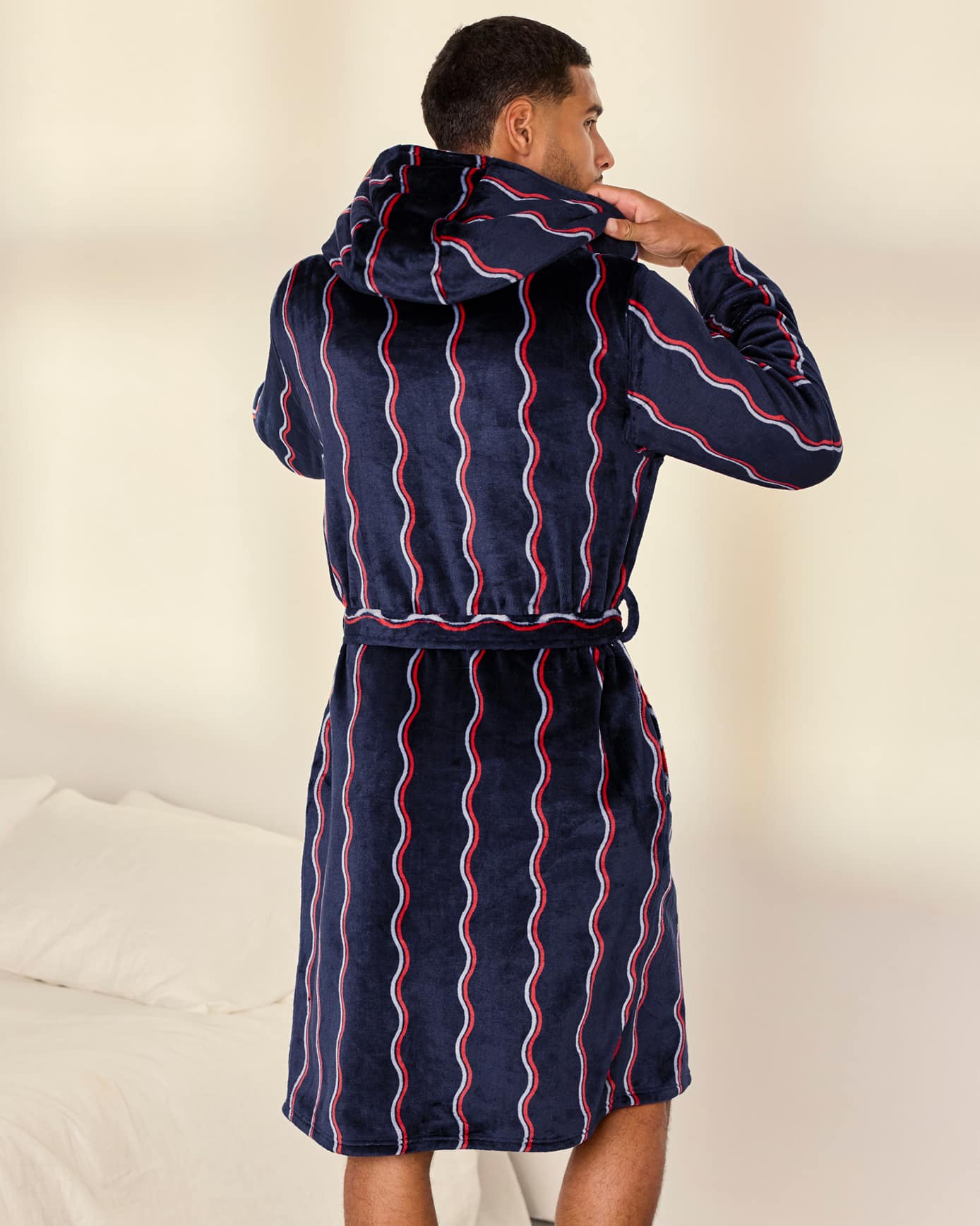 Fleece Ripple Stripe Hooded Dressing Gown