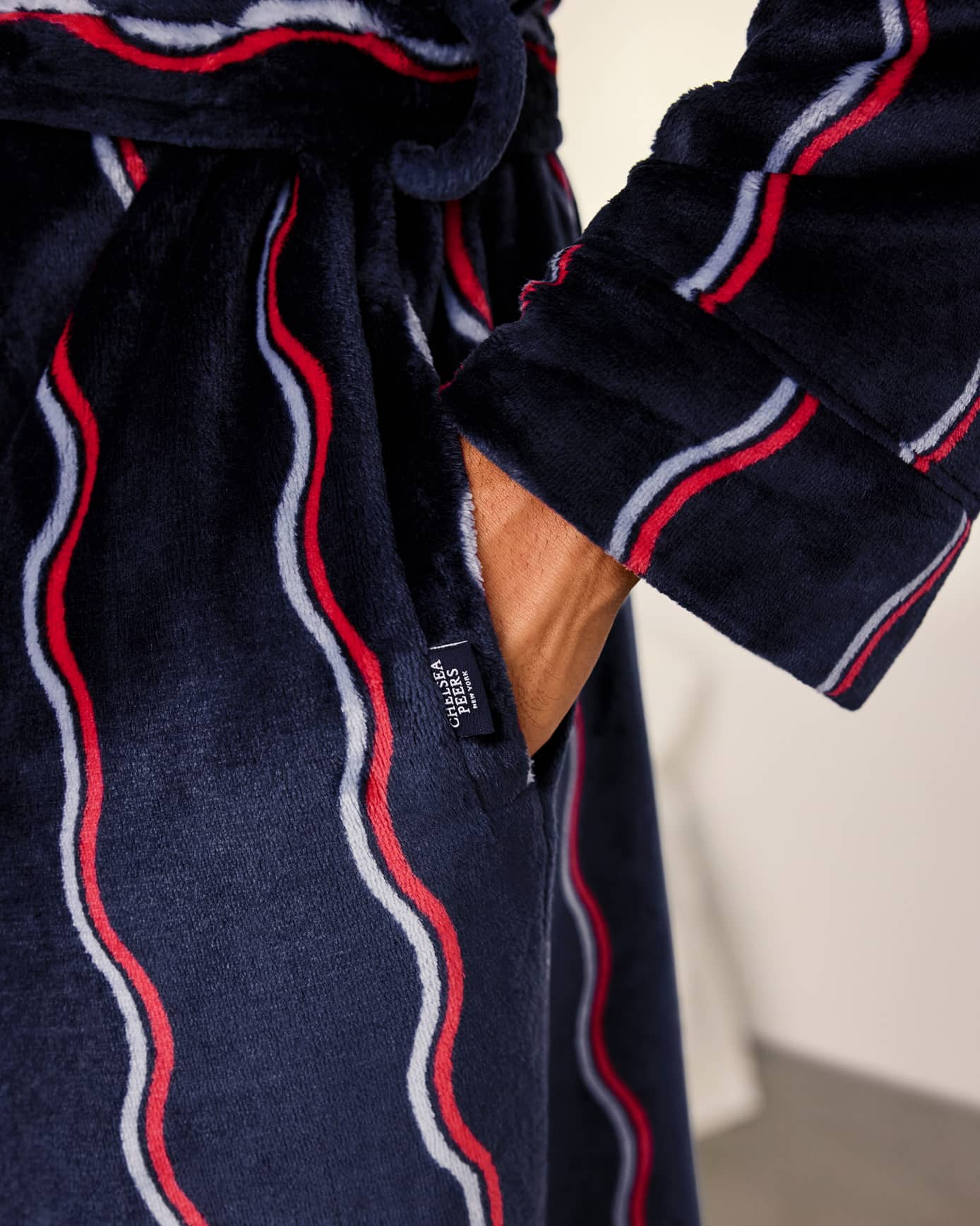 Fleece Ripple Stripe Hooded Dressing Gown