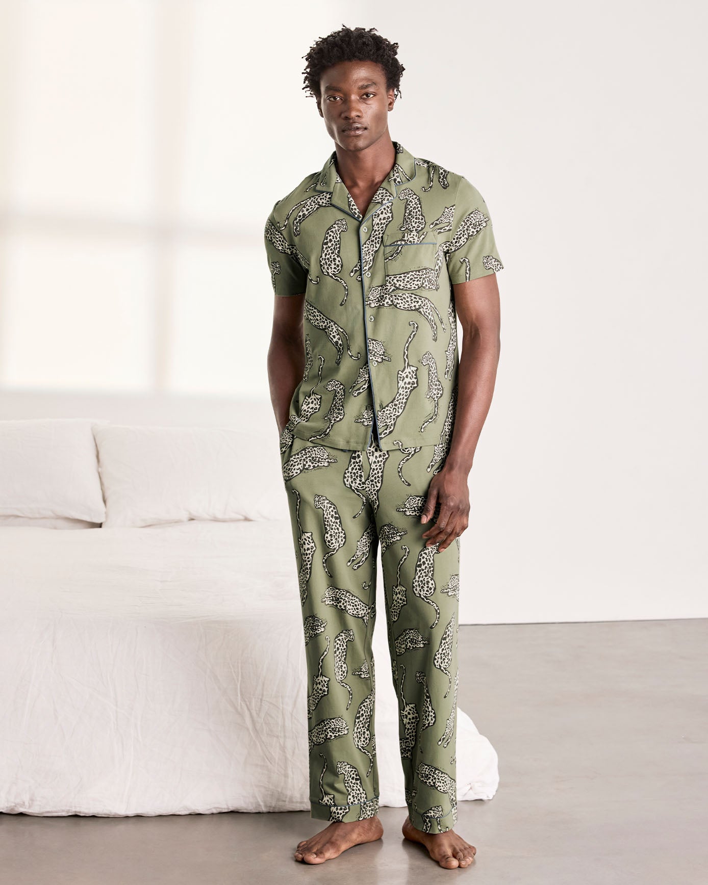 Organic Cotton Lino Cut Leopard Print Long Pyjama Set - Khaki