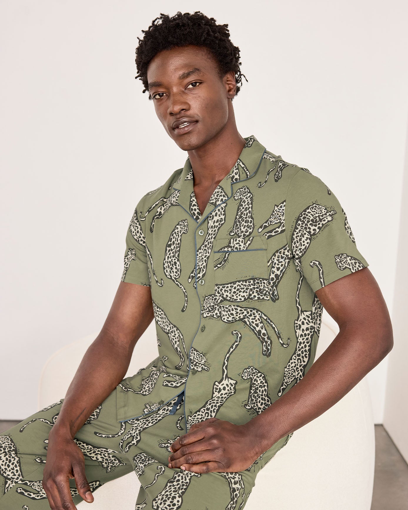 Organic Cotton Lino Cut Leopard Print Long Pyjama Set - Khaki