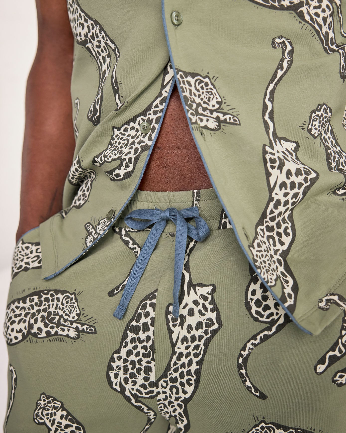 Organic Cotton Lino Cut Leopard Print Long Pyjama Set - Khaki