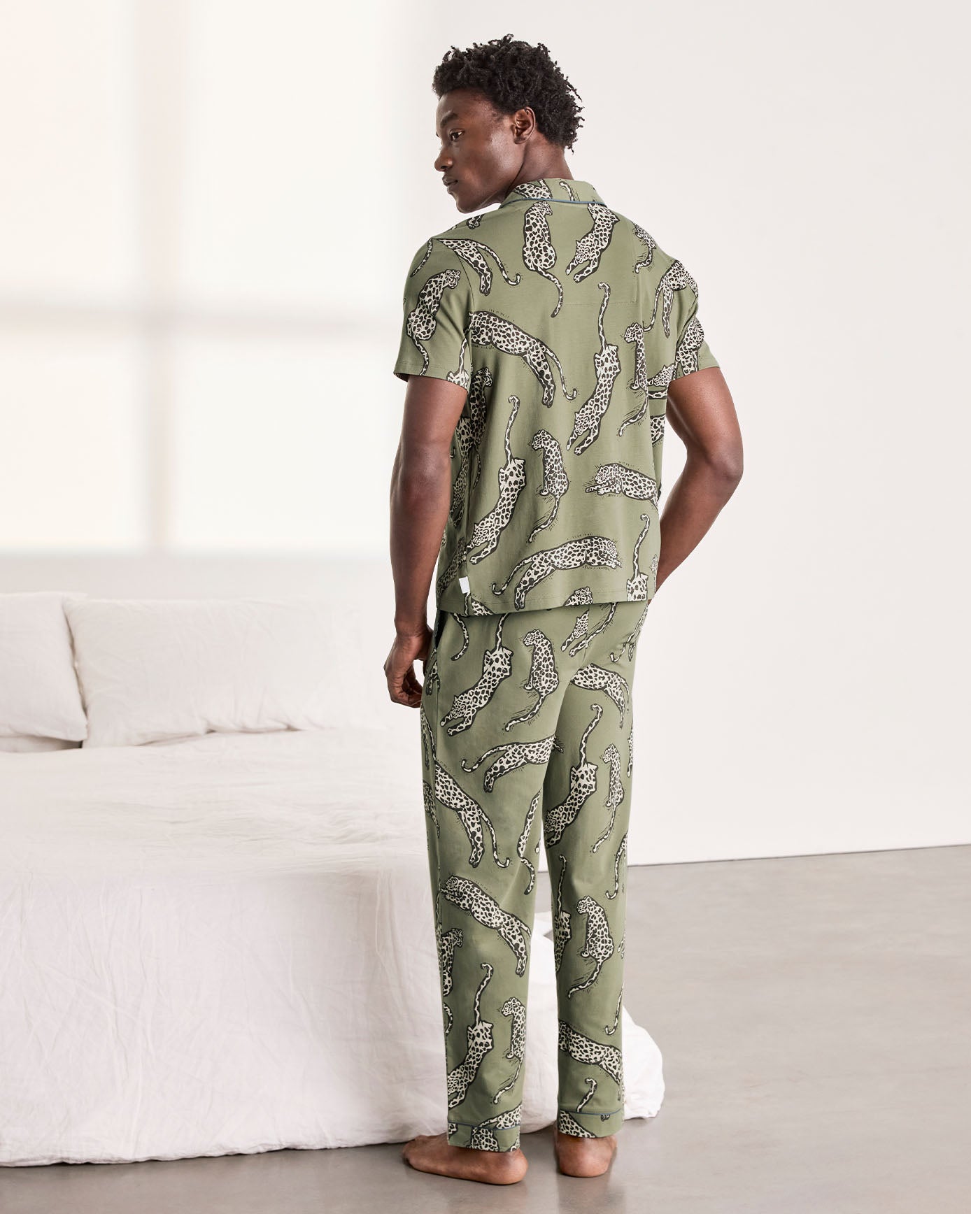 Organic Cotton Lino Cut Leopard Print Long Pyjama Set - Khaki