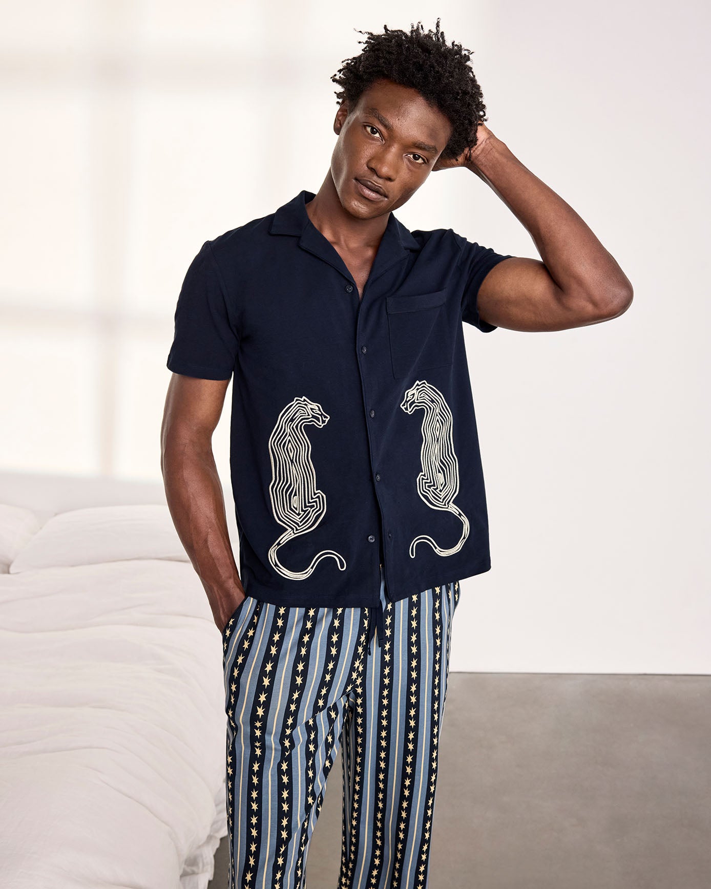 Organic Cotton Embroidered Star Stripe Leopard Long Pyjama Set