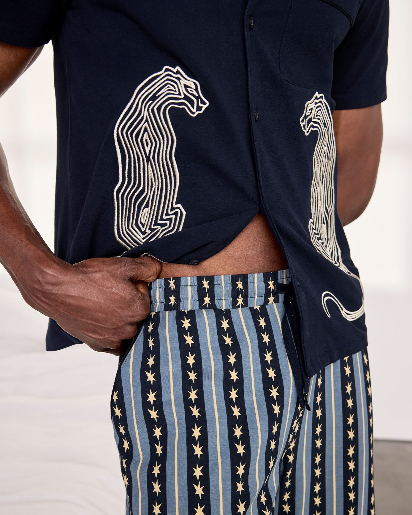 Organic Cotton Embroidered Star Stripe Leopard Long Pyjama Set