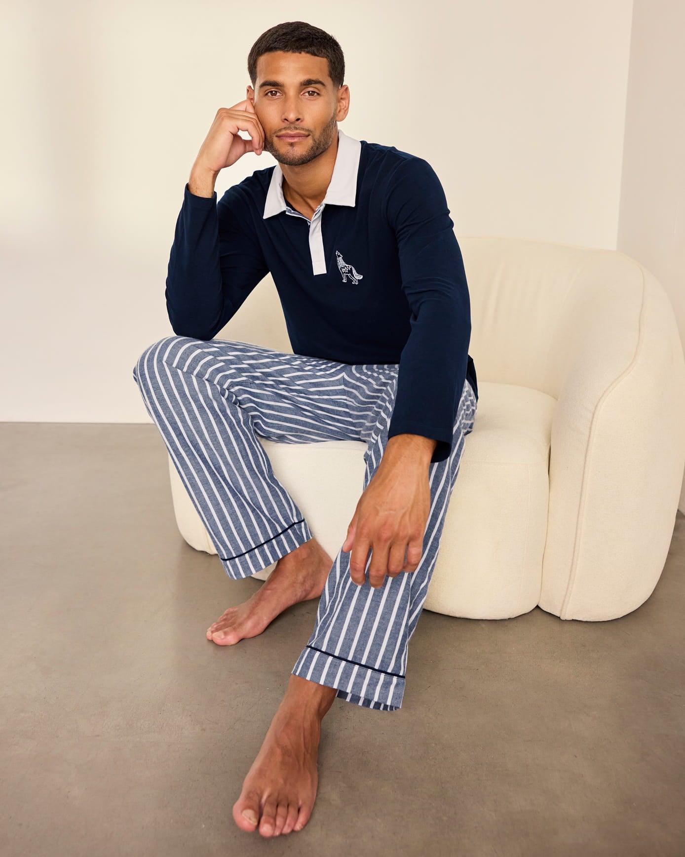Organic Cotton Embroidered Wolf Stripe Long Pyjama Set