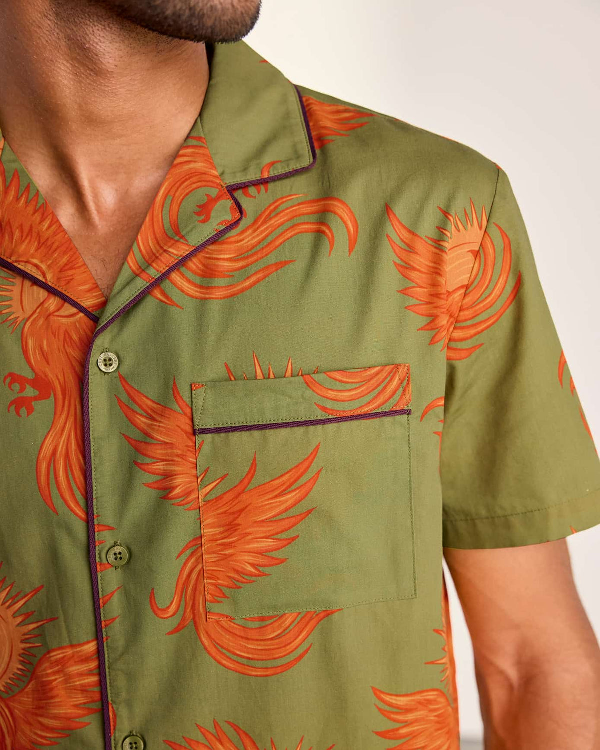 Organic Cotton Solar Phoenix Print Short Pyjama Set - Khaki