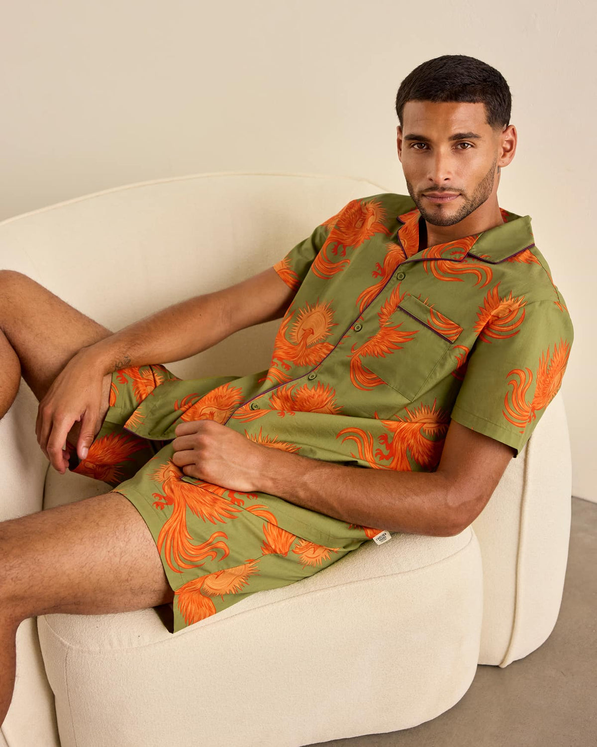 Organic Cotton Solar Phoenix Print Short Pyjama Set - Khaki