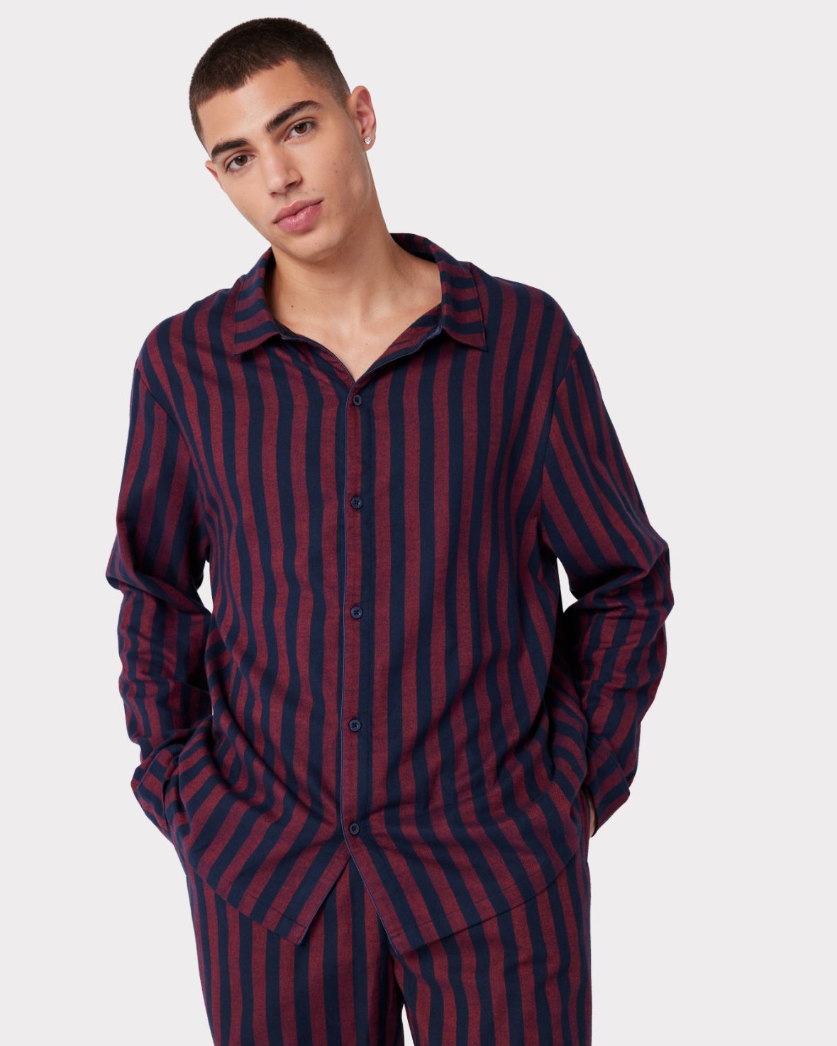 Unisex Flannel Red & Navy Stripe Print Pyjama Top