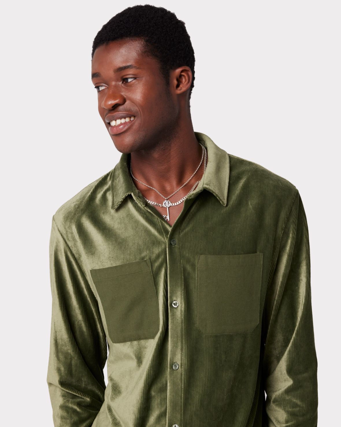 Men's Velour Corduroy Green Button-Up