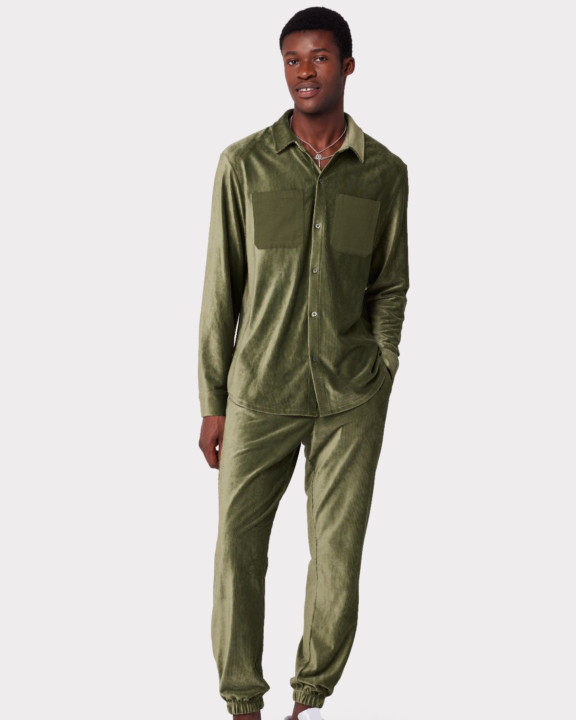 Men's Velour Corduroy Green Button-Up