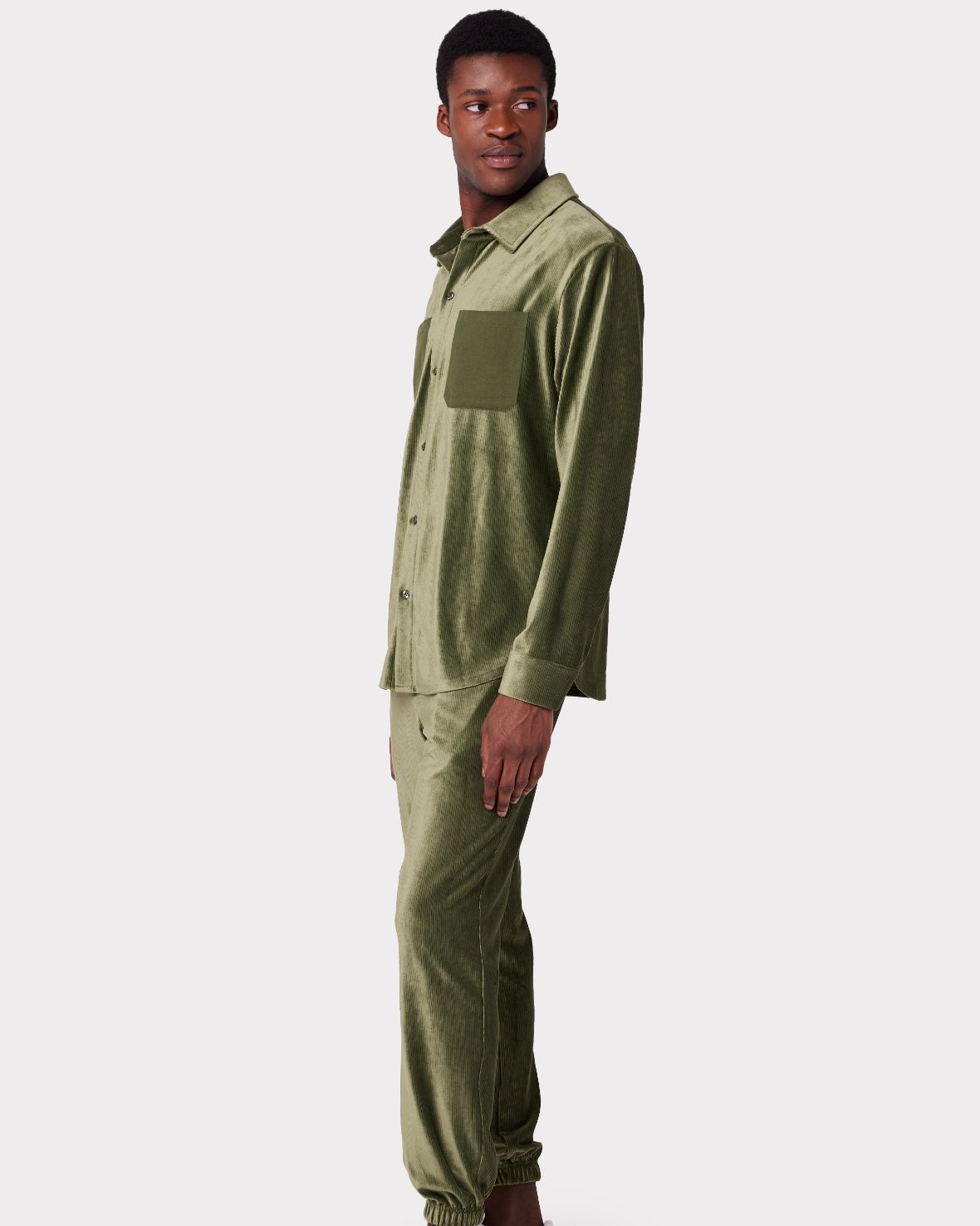 Men's Velour Corduroy Green Button-Up