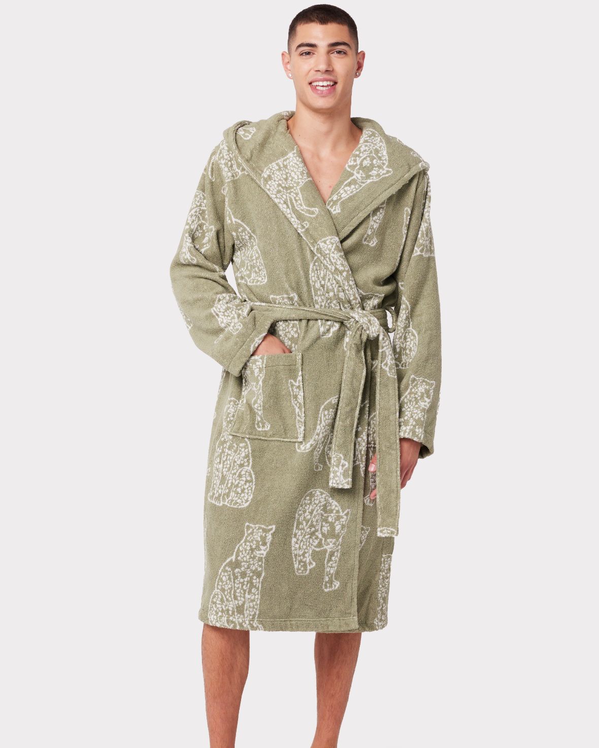 Mens Sage Leopard Print Towelling Dressing Gown