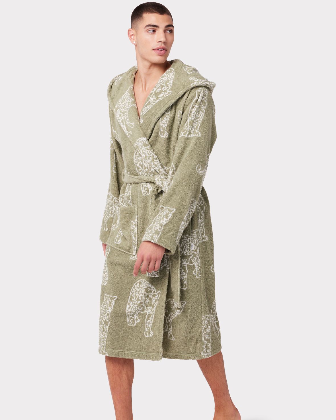 Mens Sage Leopard Print Towelling Dressing Gown