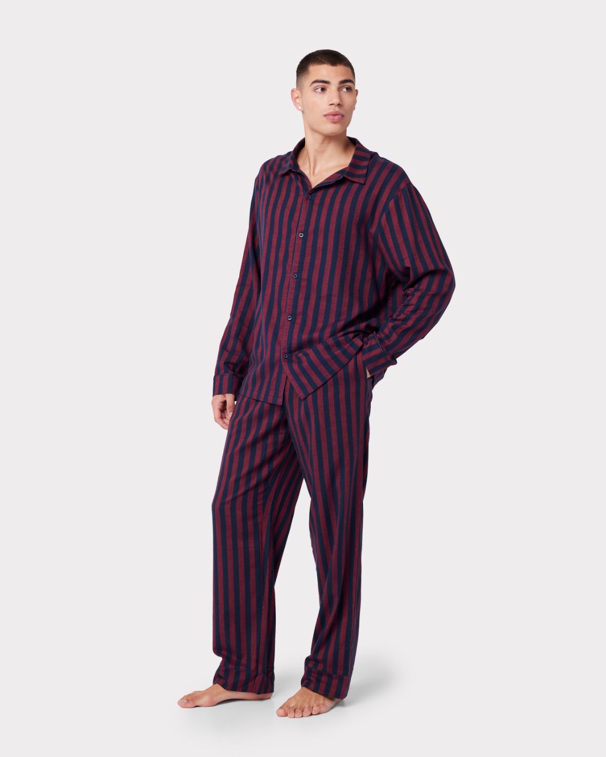 Organic Cotton Brushed Stripe Long Pyjama Bottoms - Navy & Red