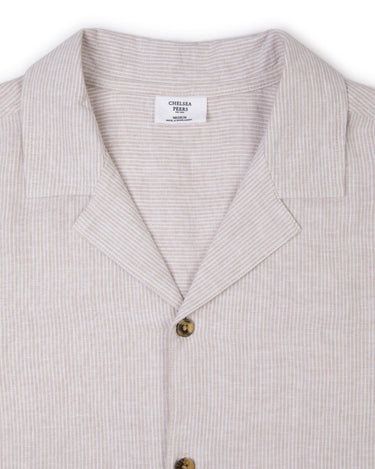 Linen-Blend Micro Stripe Short Sleeve Shirt - Beige & White