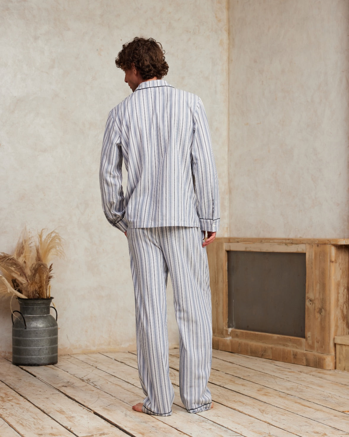 Organic Cotton Brushed Stripe Long Pyjama Set - Blue & White